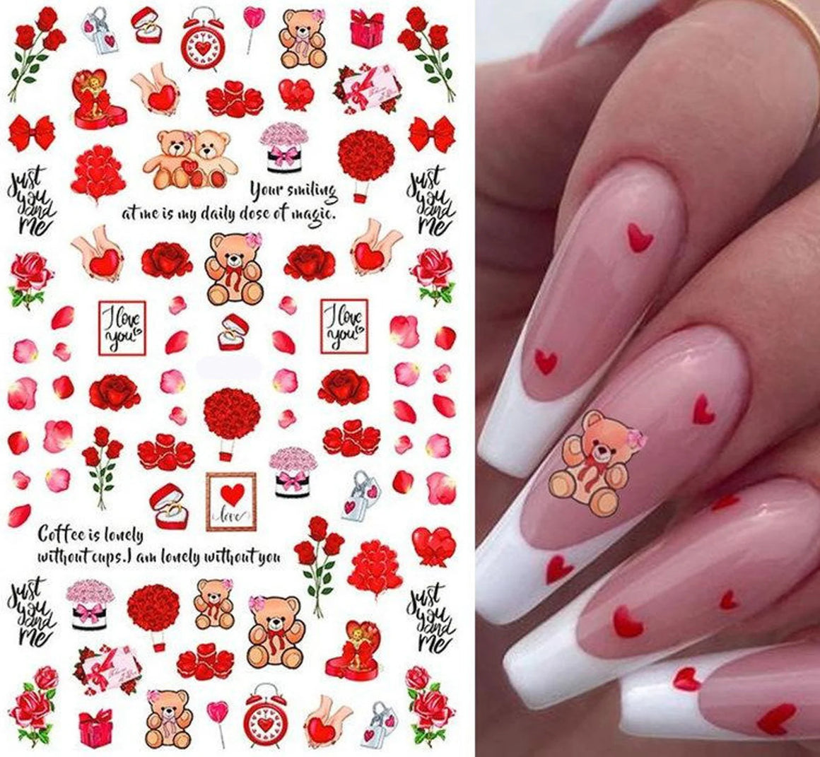 Valentines day Nails Red Hearts Teddy Bear Nail Stickers