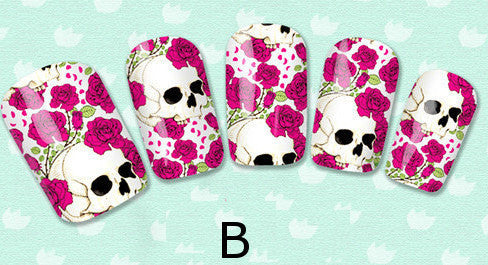 Skulls Nail Art Skulls and Flowers Nail Water Full Wraps 