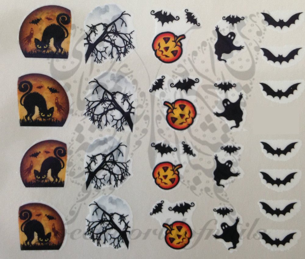 Halloween Nail Art Scary cat bats tree ghost Nail Water Decals Transfers Wraps