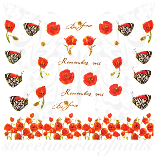 Poppy Flower Nails Glitter Butterfly Water Decals 