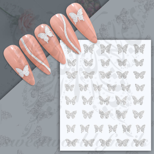 Silver Glitter Butterfly Nail Art Stickers