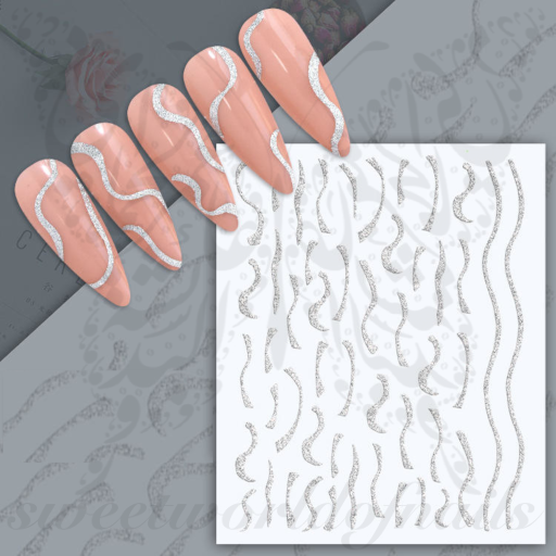Silver Glittery Lines Nail Art Stickers