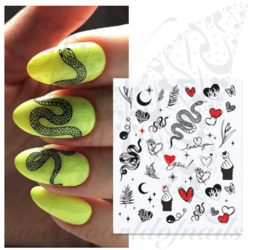 Snake Heart Nail Art Water Decals