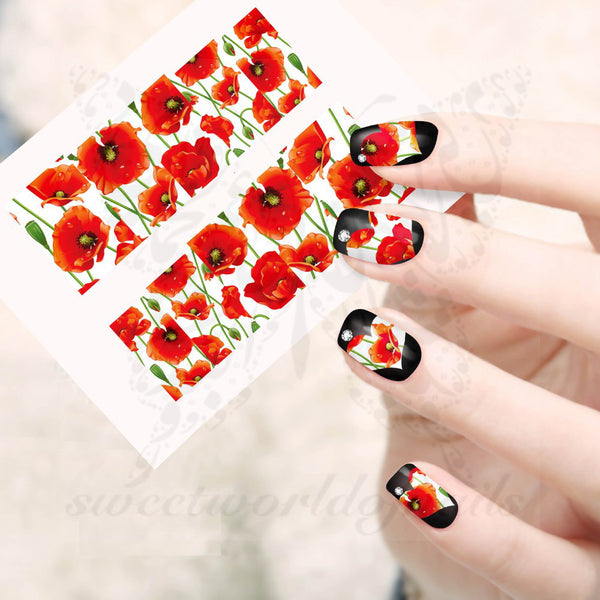 Poppy Flower Nail Water Decals Transfers Wraps