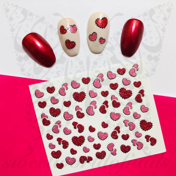 Valentine´s Day Nail Stickers Red Pink Glittery Hearts