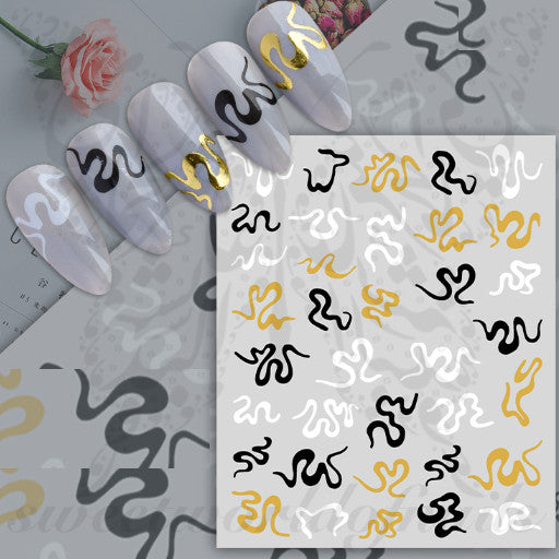 Black white gold Snake Nail Art Nail Stickers